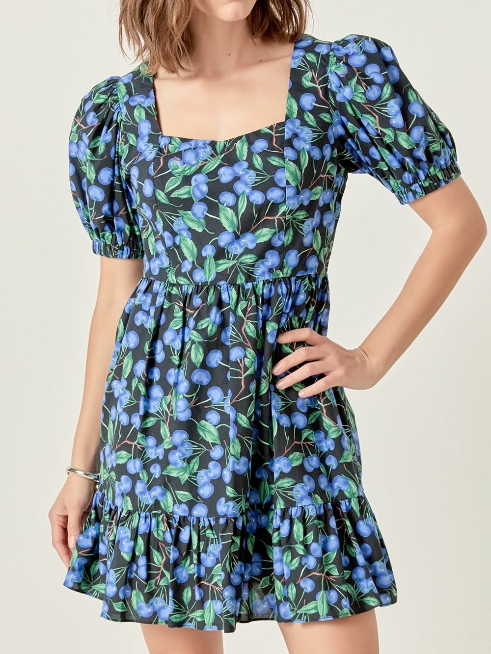 English Factory Black Blue Cherry-Print Square-Neck Mini Dress